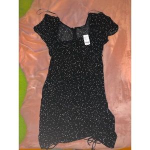 PUFF SLEEVE RUCHED FRONT POLKA DOT DRESS